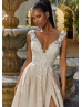 Deep V Neck Beaded Lace Tulle Tie Back Slit Wedding Dress